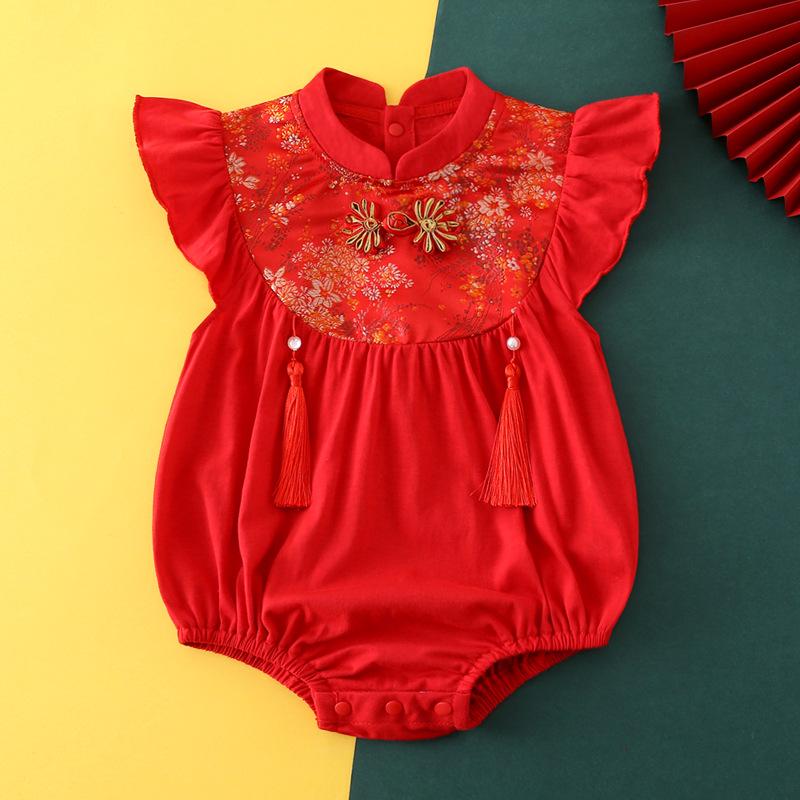 Röd Kortärmad Babyflicka Sommar Romper Onesie - Första Födelsedagsoutfit, 100-dagarsfirande - Stil 5391