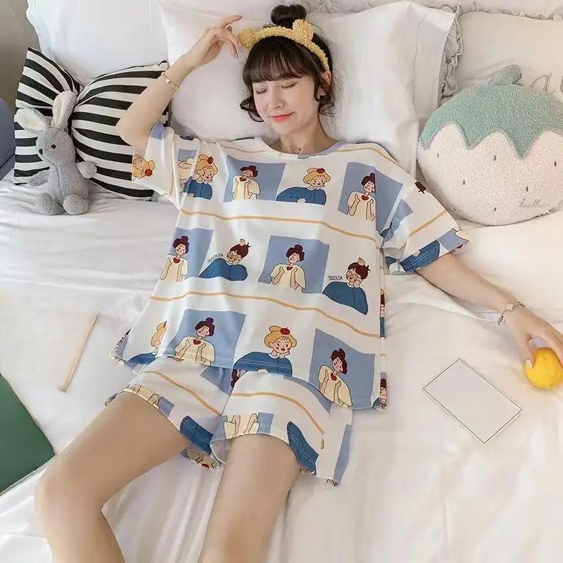 

Полосатая пижама женская летняя с короткими рукавами и шортами тонкая секция маленькая свежая милая для молодых девушек домашняя одежда костюм из двух предметов Free-40-70kg белый