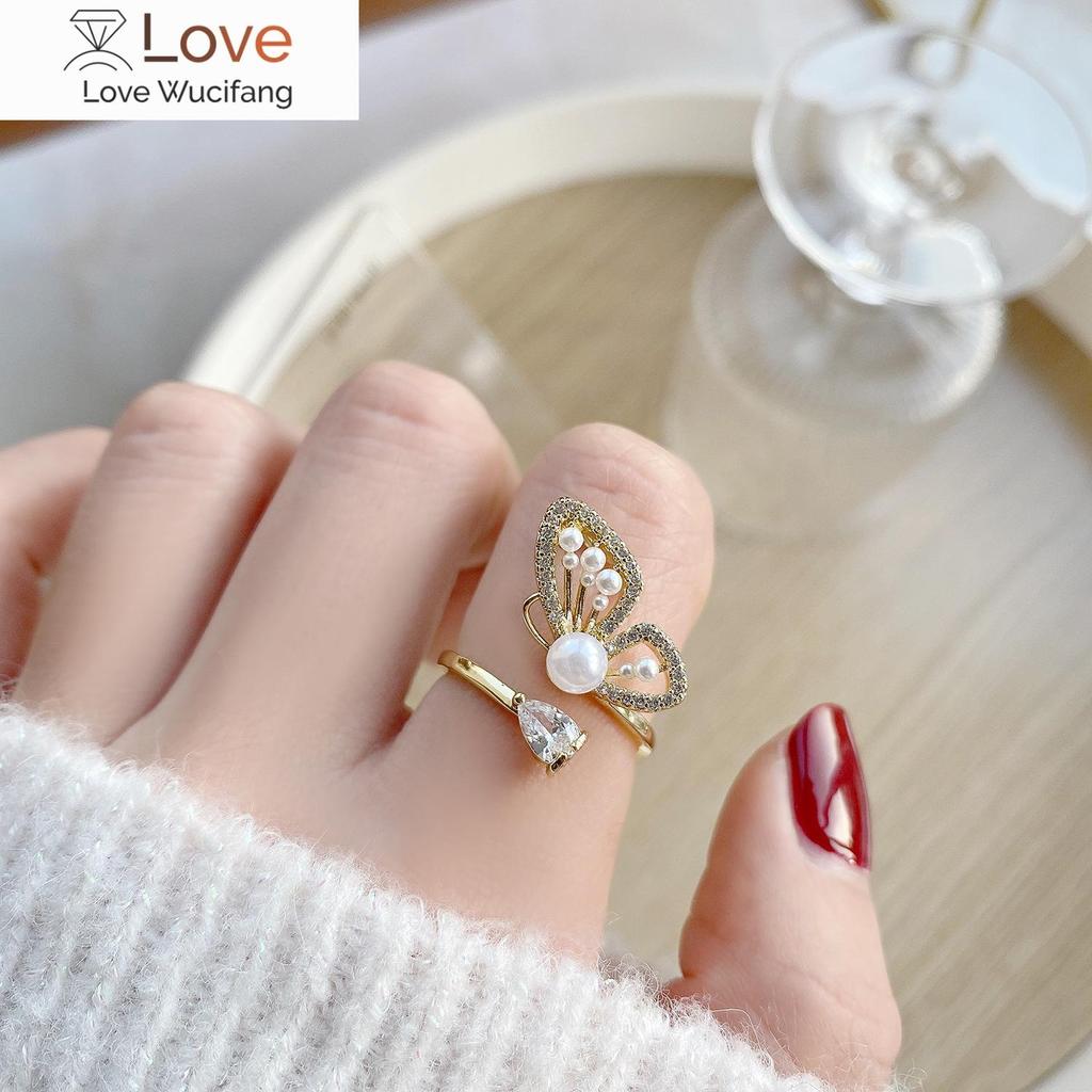 Korea Fashion Jewelry 14K Real Gold AAA Zircon Pearl Butterfly Ring Elegant Opening Adjustable Women's Birthday Gift ring