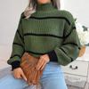 Striped Half High Collar Sweater Lantern Sleeve Knitted Pullover Women's Casual Top Thickened Warm Comfortable Autumn and Winter