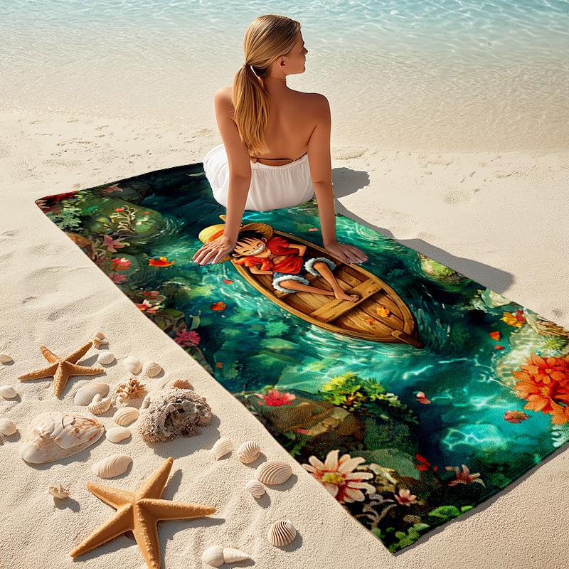 Classic Japanese Element Cartoon ONE PIECE Monkey D. Luffy Beach Towel Outdoor Camping Vacation Swimming Beach Towel Outdoor Absorbent Bath Towel Y22