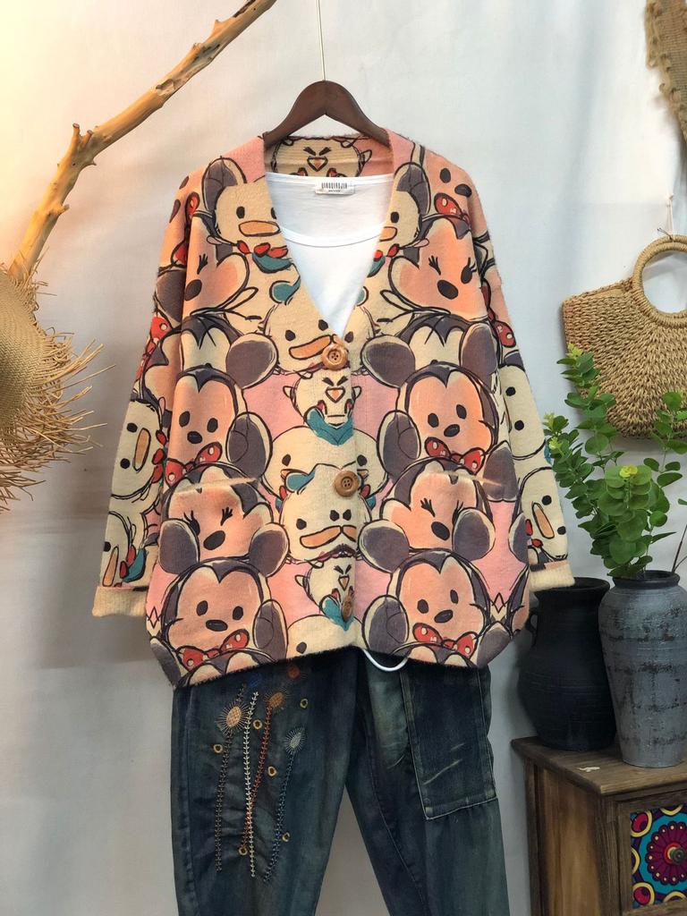 Factory new autumn and winter cute printed imitation mink velvet jacket women's Korean version loose lazy sweater