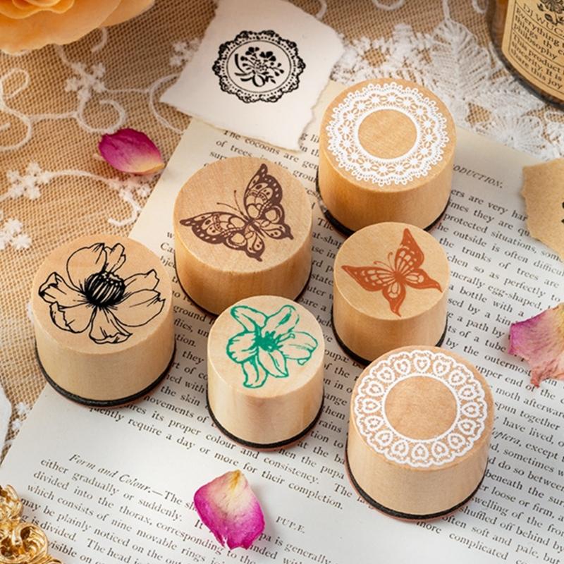 8Pcs Wood Craft Stamp Flower Stamper with Inkpad Scrapbooking Decorative Stamp for Scrapbooking Journal Planner Notebook