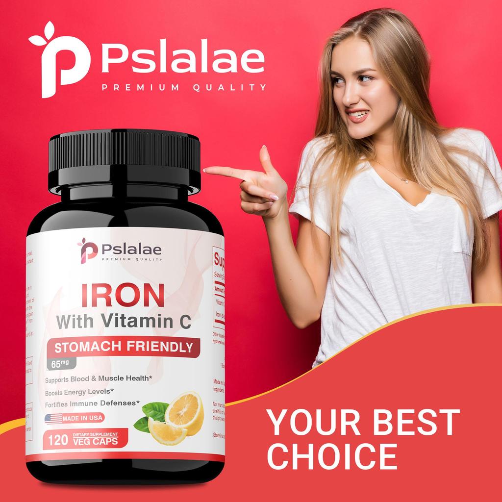 Pslalae Iron Capsules with Vitamin C for Supports Blood Health Boosts Energy Level Fortifies Immune Defenses for Women & Men