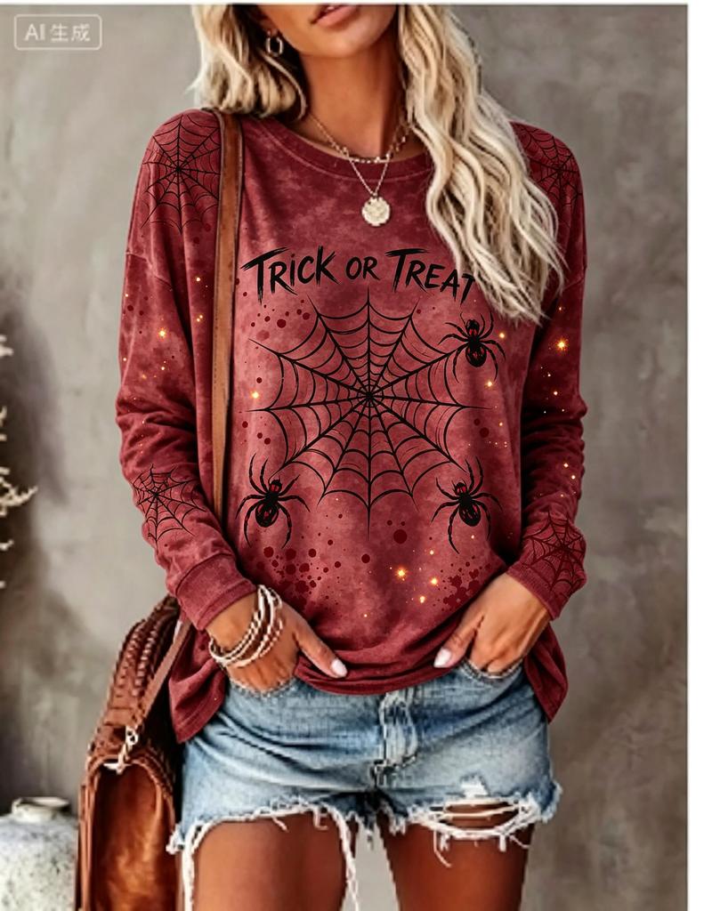 Women Halloween Long Sleeve T‑Shirt Trick or Treat Spider Web Tie‑Dye Print Crew Neck Tops