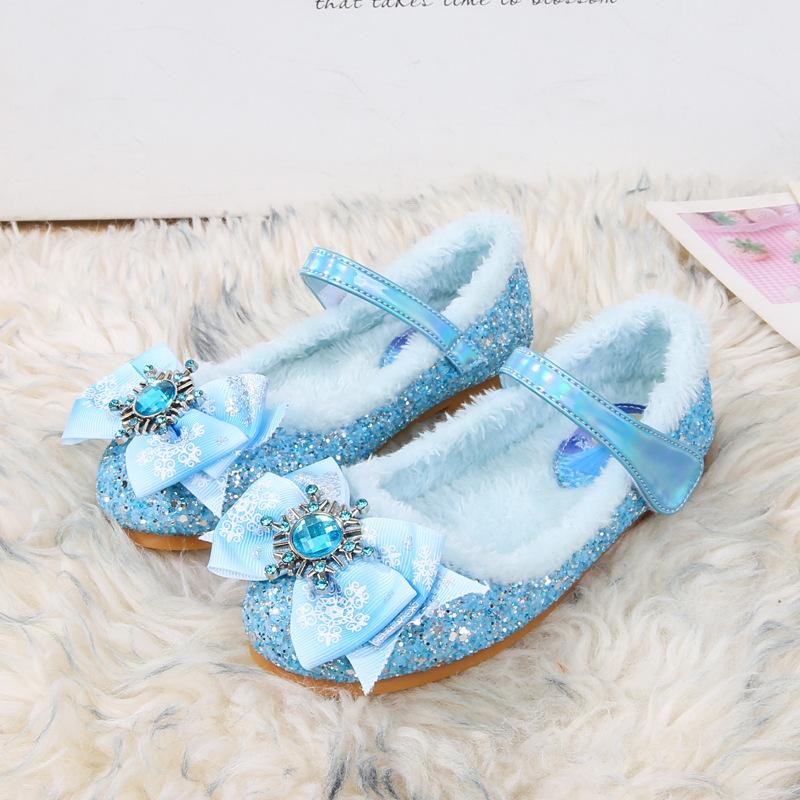 Fleece Elsa princess shoes autumn and winter new girls' leather shoes children's crystal shoes little girl fluffy shoes baby cotton shoes