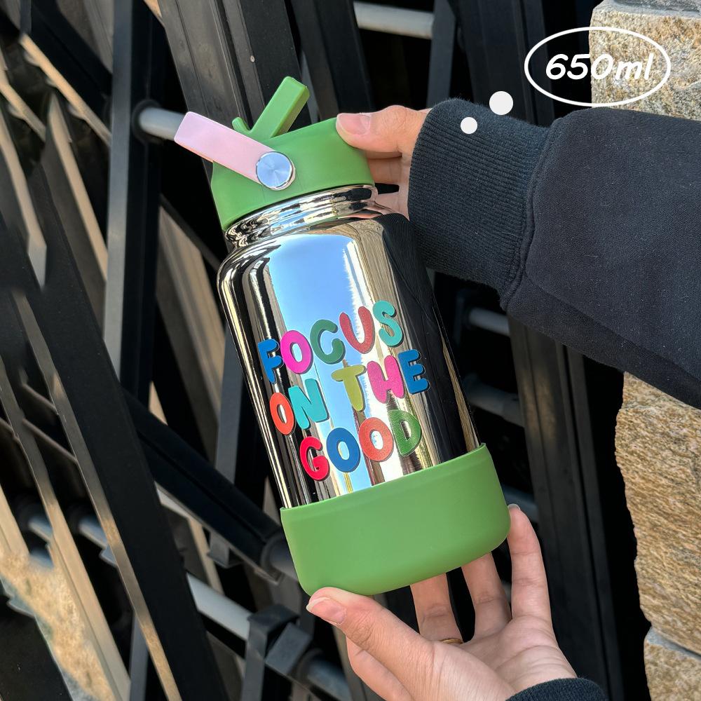 

650Ml Sports Kettle Portable Handle Straw Water Cup Stainless Steel Electroplated Meidakou Thermos Cup 650ml