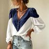 Women's V-Neck Color Block Long Sleeve Top for Fall