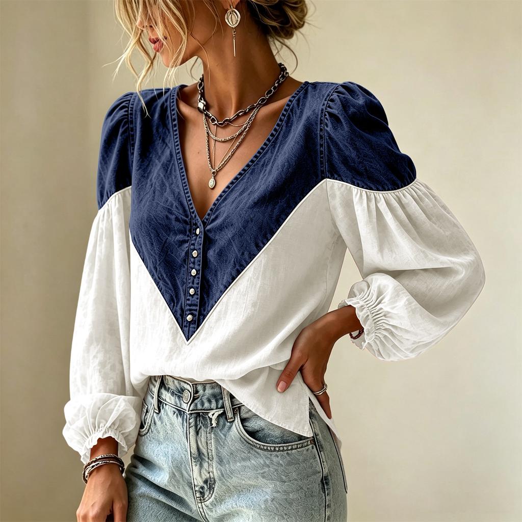Women's V-Neck Color Block Long Sleeve Top for Fall