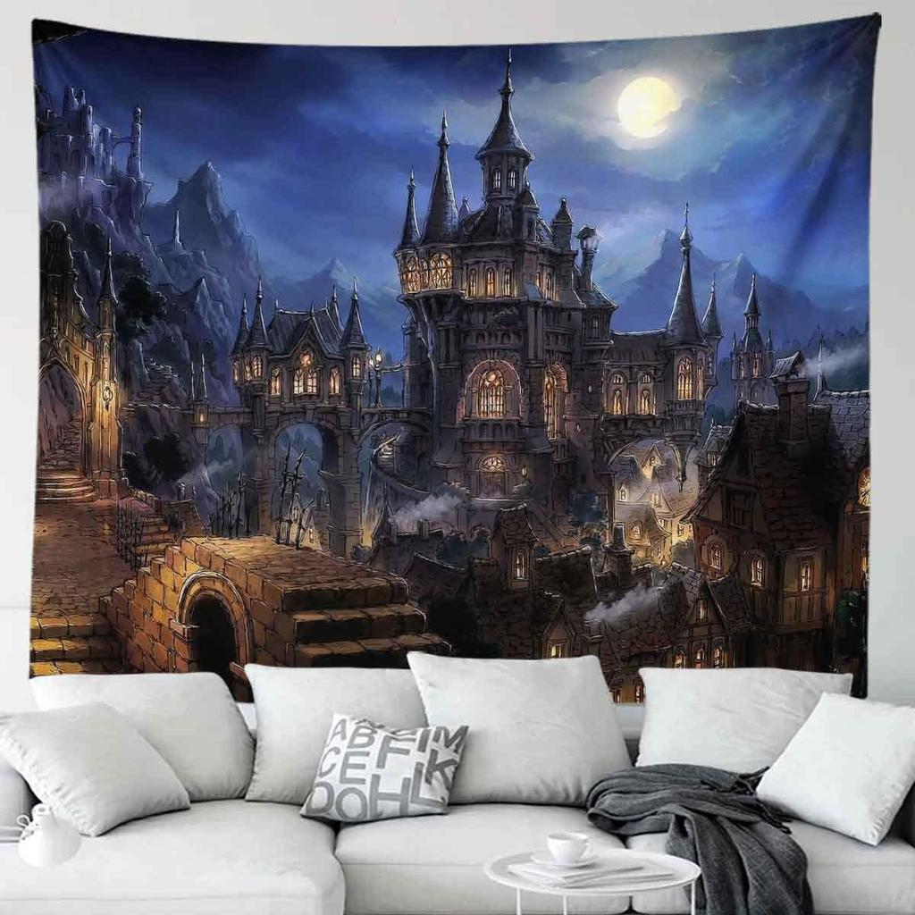 Castle Full Moon Night Tapestry Wolf Fantasy Medieval Town Wall Hangings Tapestry for Bedroom Living Room Office Dorm Man Cave