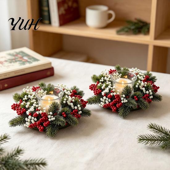 Winter Wedding Table Accents Christmas Candle Ring Wreath, Artificial Pine Wreath with Red Berries Greenery Decor White Flowers, Holiday Centerpiece
