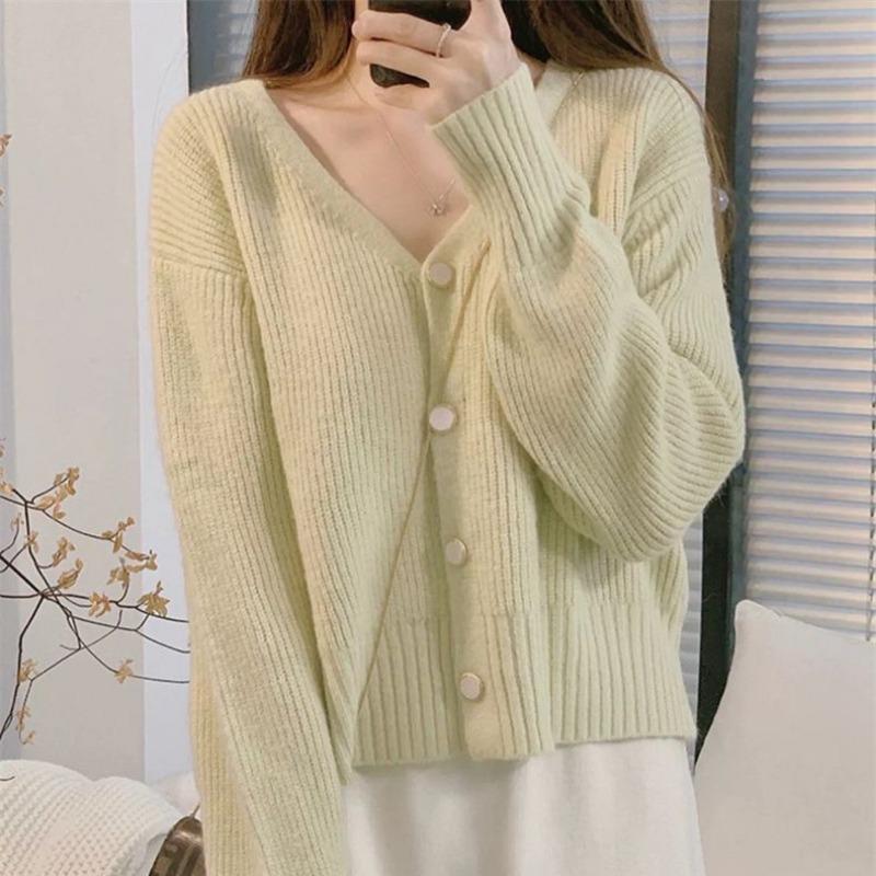 Autumn New Gentle Wind Comfortable Loose Simple Lazy Sweater Jacket Short V-neck Soft Waxy Knitted Cardigan Women