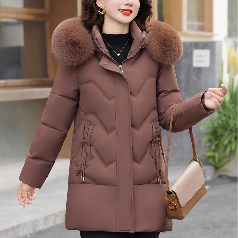 Plus Size Middle Age Women Winter Coats Hooded Faux Fur Collar Elegant Thick Warm Parkas Female Jackets
