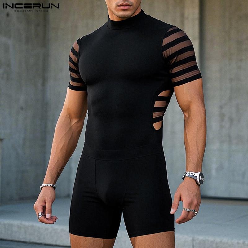 

INCERUN Men Short Sleeve Mesh Patchwork Jumpsuits Sleepwear Pajamas Homewear 5XL чорний
