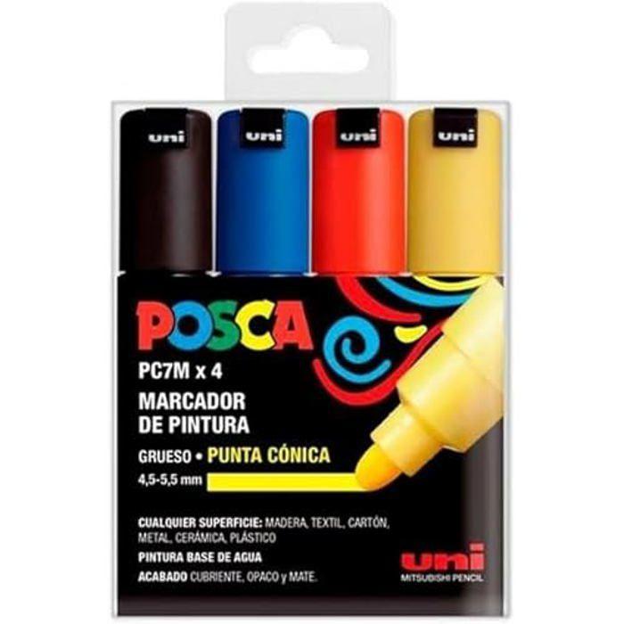 Uniball 182634678 Posca PC7M/4C Lot de 4 marqueurs non permanents Pointe fine 5,5 mm Noir/Bleu/Rouge/Jaune