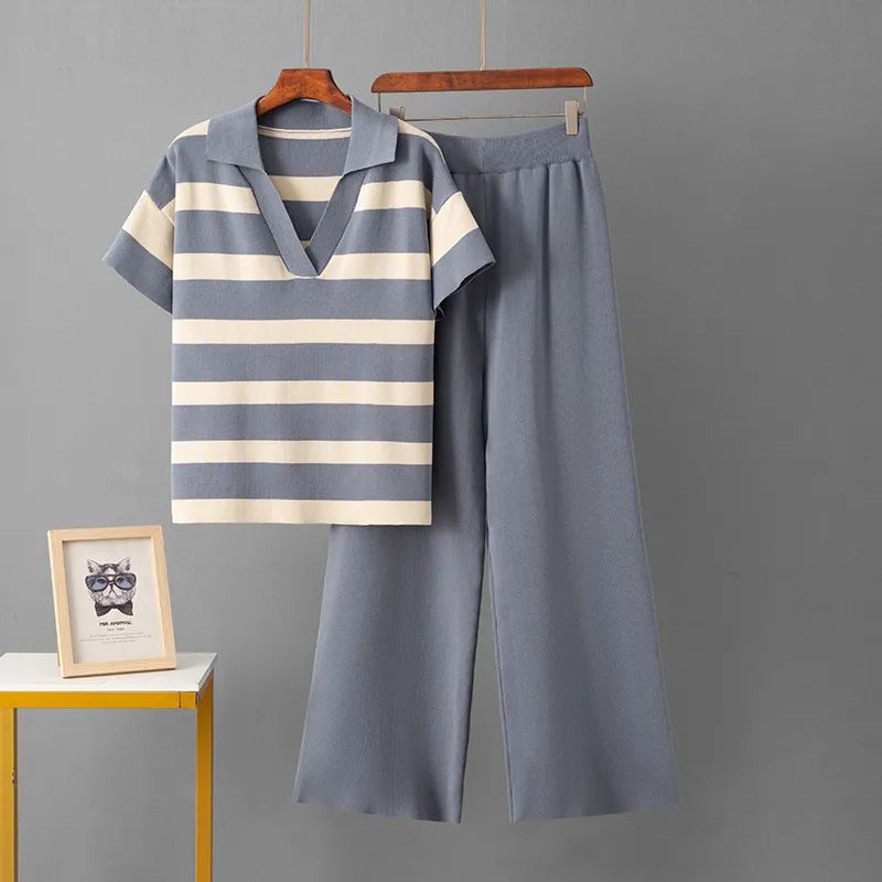 Cross-Border Foreign Trade Summer Fashion Set V-neck Short Sleeve Striped Knitted Top Fashion Slim Fit Wide Leg Pants Two-piece Set