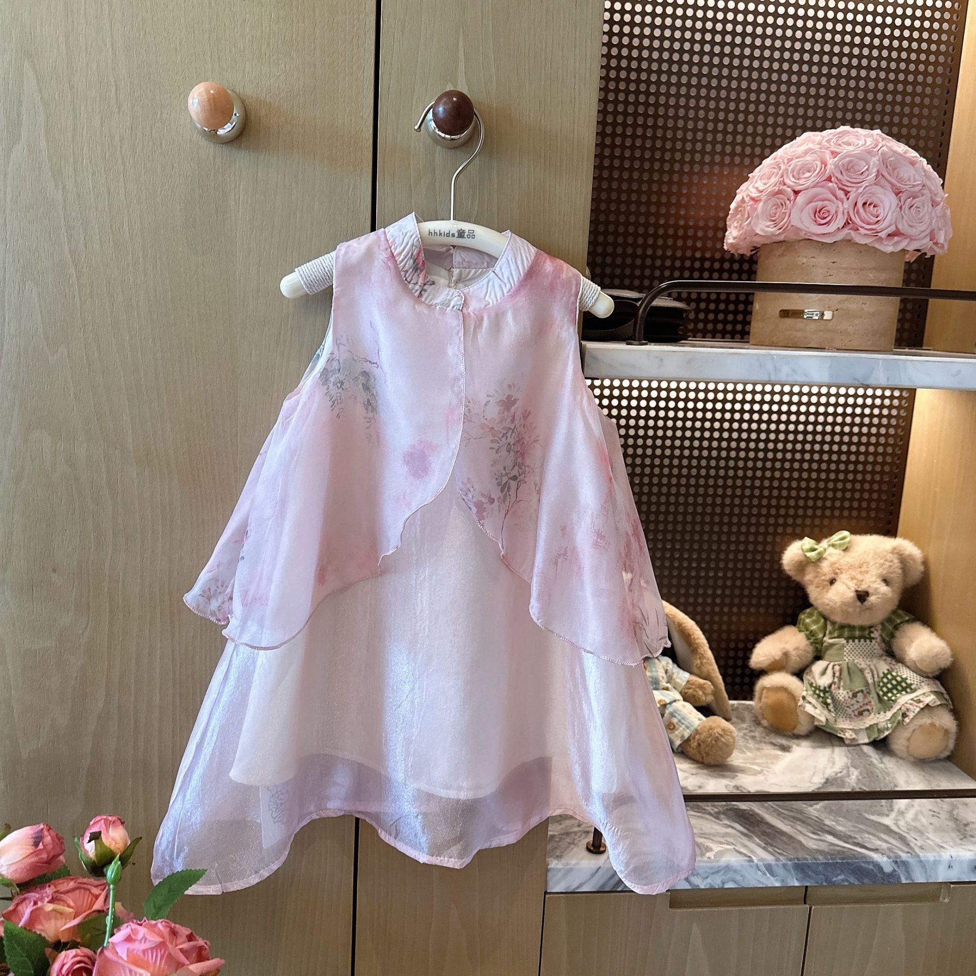 Girls New Chinese Sleeveless Qipao Dress Summer Fairy National Wind Elegant Little Girl Party Gown 80cm