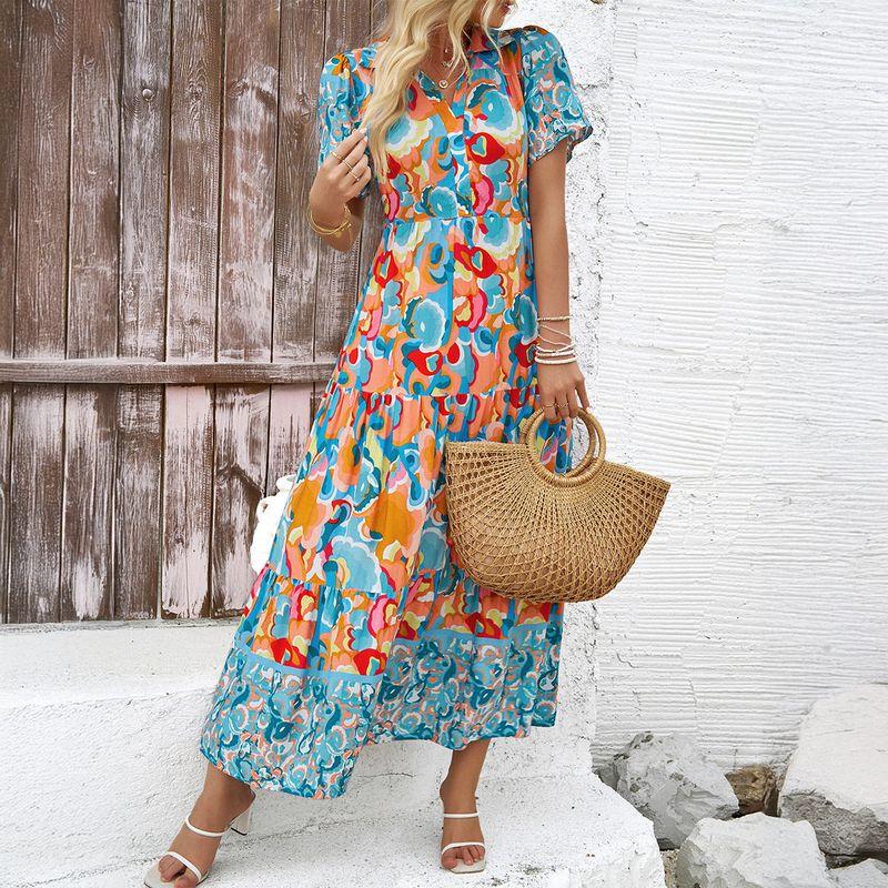 

Cross-Border European and American Women s Clothing 2025 Spring and Summer Amazon Foreign Trade Independent Site Holiday Casual Style Printed Dress Green S