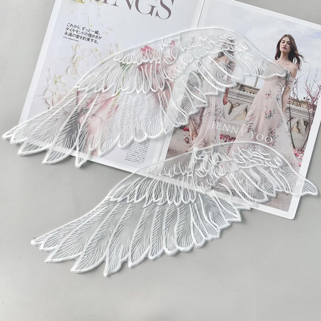 White Organza Big Wings Feather Lace Embroidered Cloth Sticker Dress Performance Clothes Clothing Accessories Decal Decoration