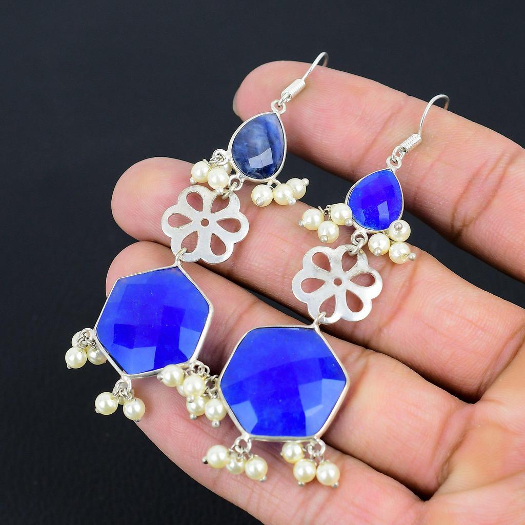 Daughters Day Deal Blue Sapphire Gemstone Drop Wife Earrings 925 Sterling Silver