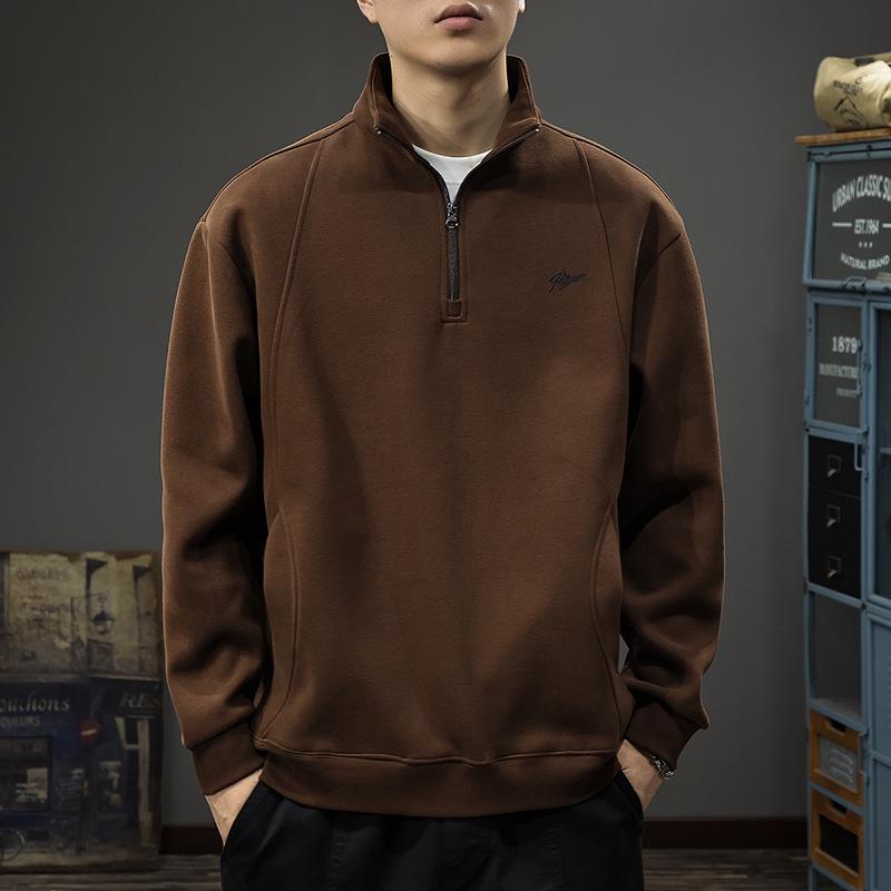 Heren Herfst Retro Geborduurde Zware Half-Ritssluiting Losse Pasvorm Opstaande Kraag Hoodie Pullover