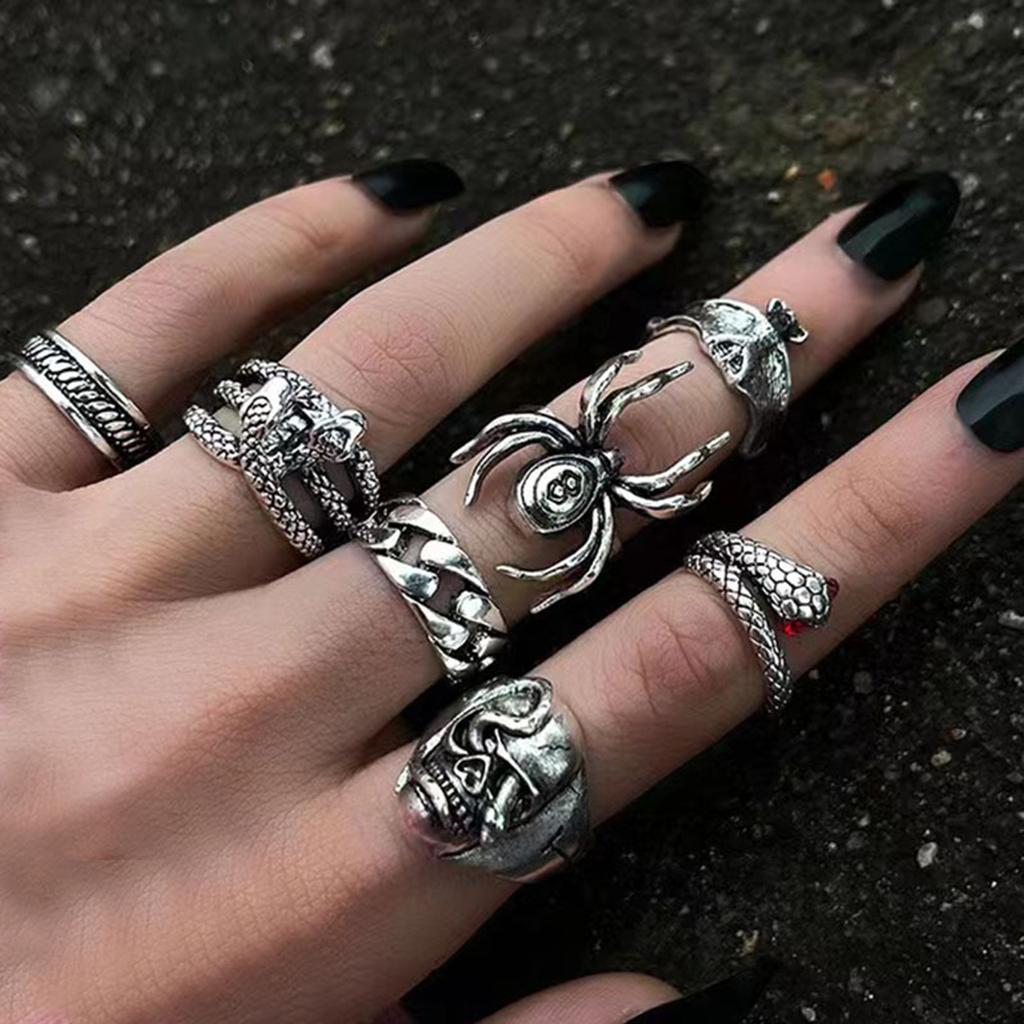 Inel hip-hop nou, din șapte piese, heavy metal, vânt întunecat, șarpe păianjen vechi, craniu de liliac, inel de șarpe cu două capete