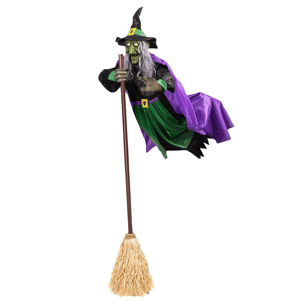Flying Witch Decoration with Terrifying Sounds & Lights Halloween Props Flying Witch Decor for Garden Yard Lawn Indoor