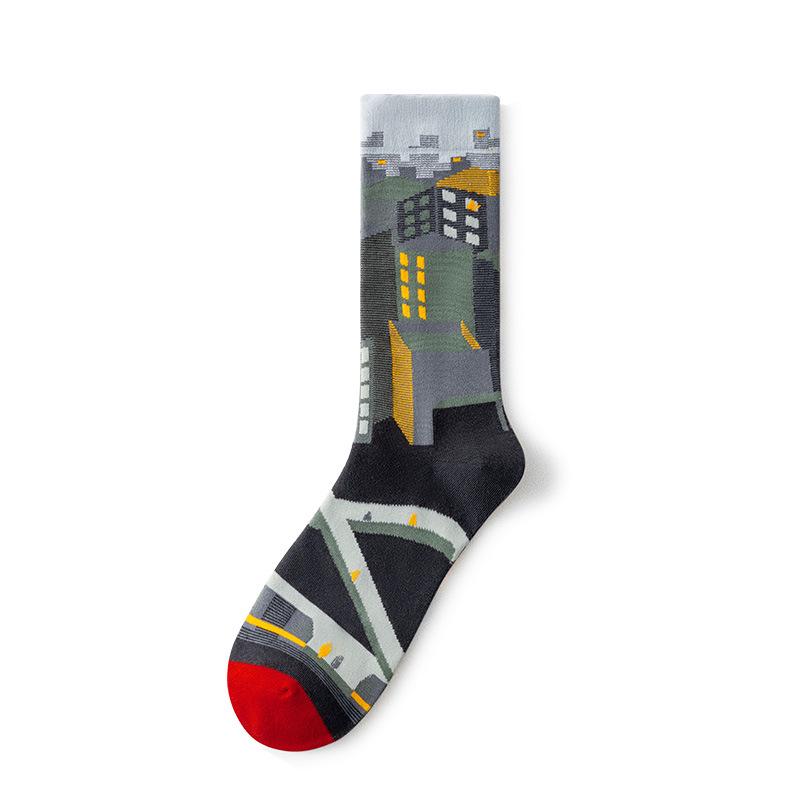 French Retro Abstract Oil Painting Mid-Calf Socks - Trendy Autumn/Winter High-Top Creative Combed Cotton for Women