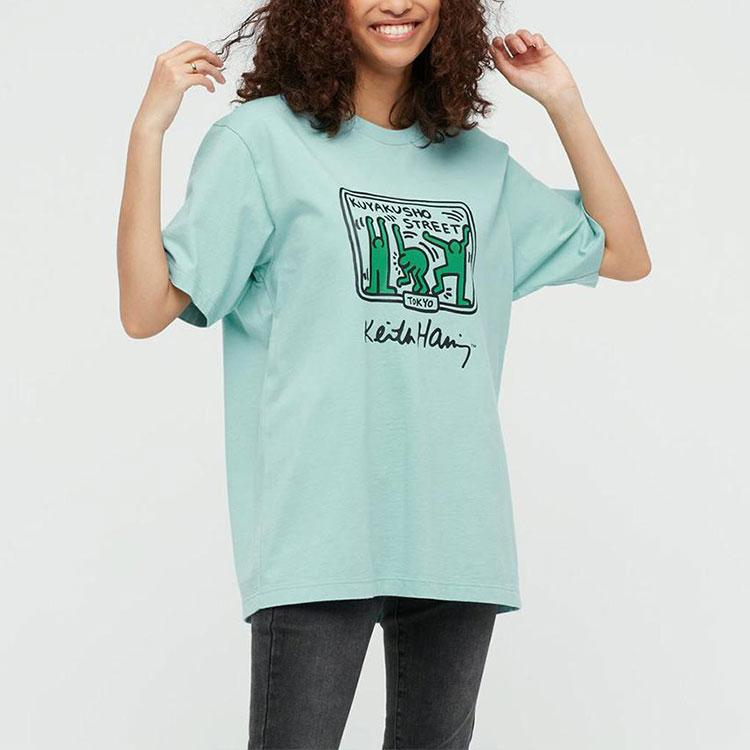 Uniqlo X Keith Haring X Tokyo Graphic Cartoon Print Crew Neck Short Sleeve T-Shirt Unisex T-Shirts Light-Green 437537-52