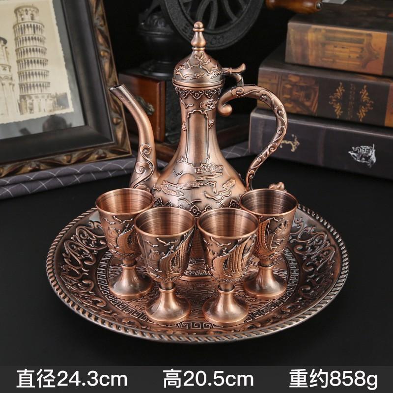 Vintage Copper Wine Flask Set With Shot Glasses Tray Retro European Style Home Bar Decor