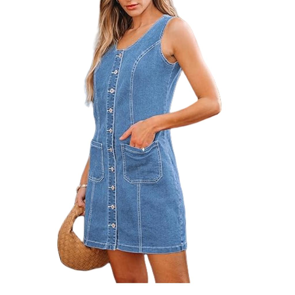 Women's Denim Button Front Sleeveless Dress with Pockets