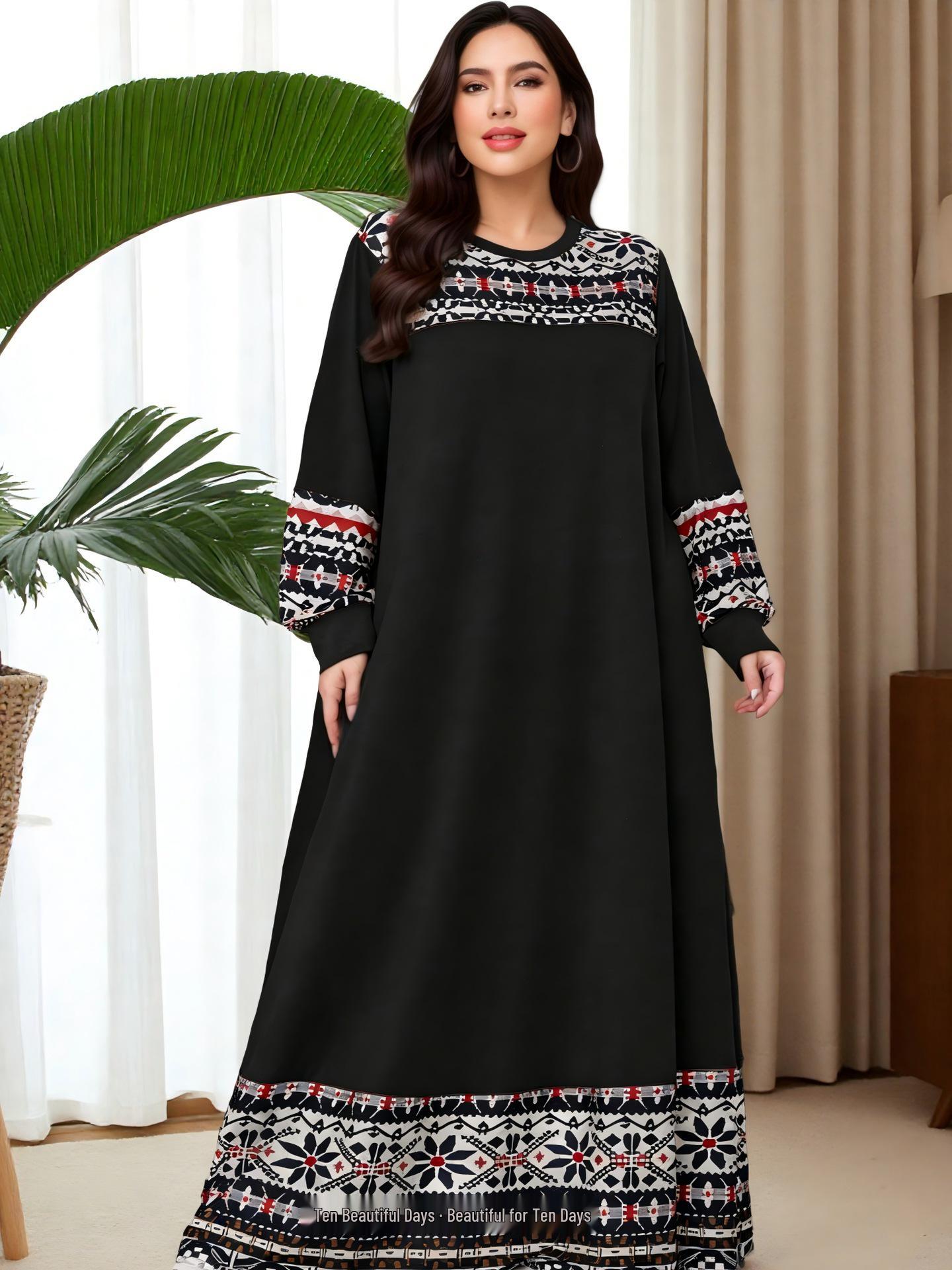 Middle Eastern Plus Size Women s Ethnic Print Long Sleeve Ankle-Length Loose Dress 0XL чёрный
