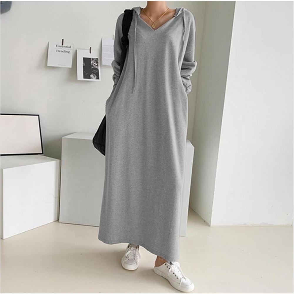 GMXIA Women's Fashion Autumn Winter Solid Color Print Long Sleeve Hooded Casual Dresses Hoodie Dresses
