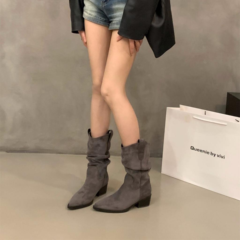 High Heel Pointed Suede Martin Boots Pile Medium Tube Knight Boots Women's Boots 2025 Spring and Autumn V-mouth Skinny Short Boots