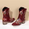 Klumpete Hæl Spiss Tå Dame Boots Retro Medium Hæl Yttertøy Broderi Bred Legg Over Kneet Støvler for Kvinner Skinn