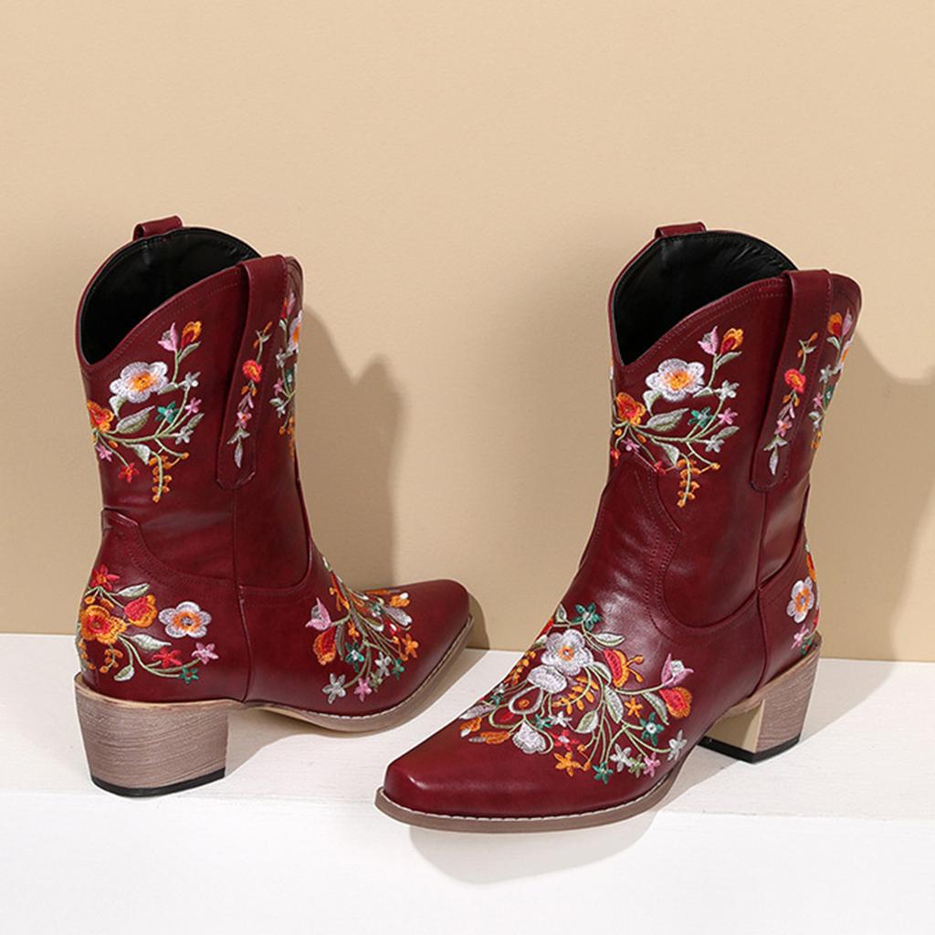 Klumpete Hæl Spiss Tå Dame Boots Retro Medium Hæl Yttertøy Broderi Bred Legg Over Kneet Støvler for Kvinner Skinn