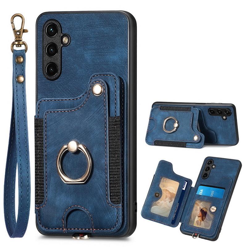 Leather Magnetic Card Bag Case For iPhone 17 16 15 14 13 Xiaomi 13T Poco X5 Pro Ring Bracket Cover For Samsung S24 Ultra S23 A54 Google With Wristband