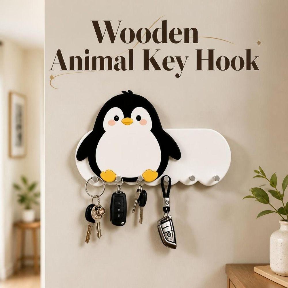 Cartoon Adhesive Key Holder Wooden Wall-mount Hanger Lovely Animal Key Hook  Hallway