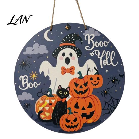 Indoor Outdoor Holiday Ornament Halloween Boo Wood Door Hanger Sign with Cute Ghost Black Hat Pumpkin Print, Front Decorative Craft Gift Porch