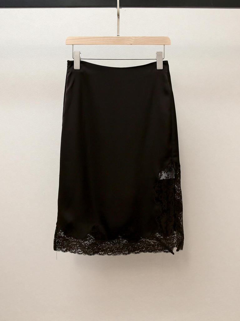 Elegant French A-line Satin Midi Skirt with Lace Trim