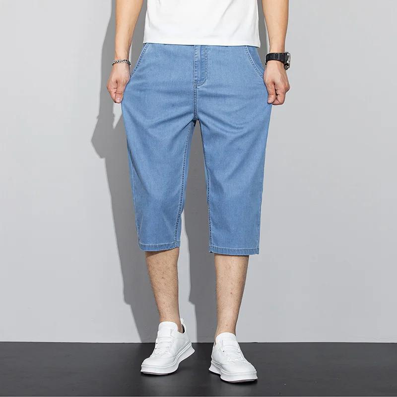 Summer Thin Men's Jeans Shorts Blue Gray Classic Style Elasticity Straight Light Business Casual Denim Shorts Male