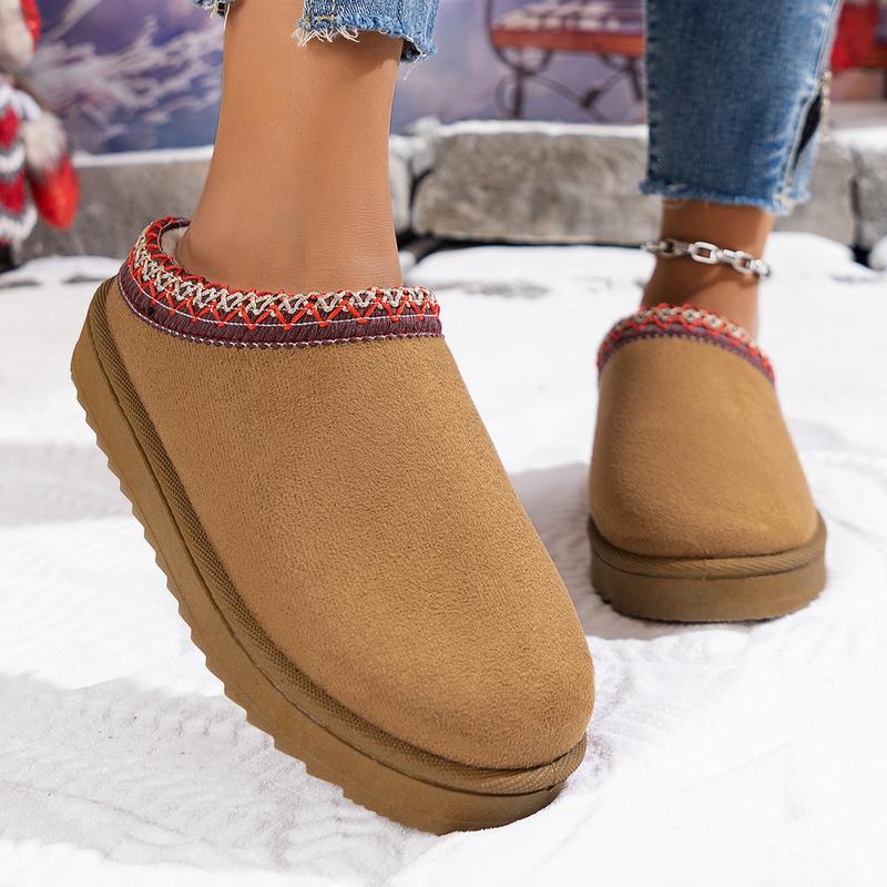 Fashion Ethnic Geometric Embroidery Close Toe Cotton Slides Women 2025 Short Plush Flat Heel Snow Boots Winter Warm Indoor Slippers
