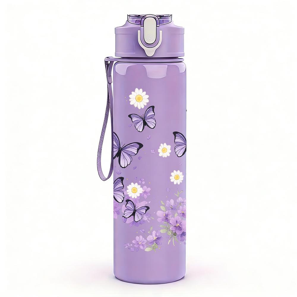 1PC Light Purple Butterfly Floral Branch 750ml Color Plastic Water Bottle Leakproof Flip Straw Lid For Sports Office Home Use