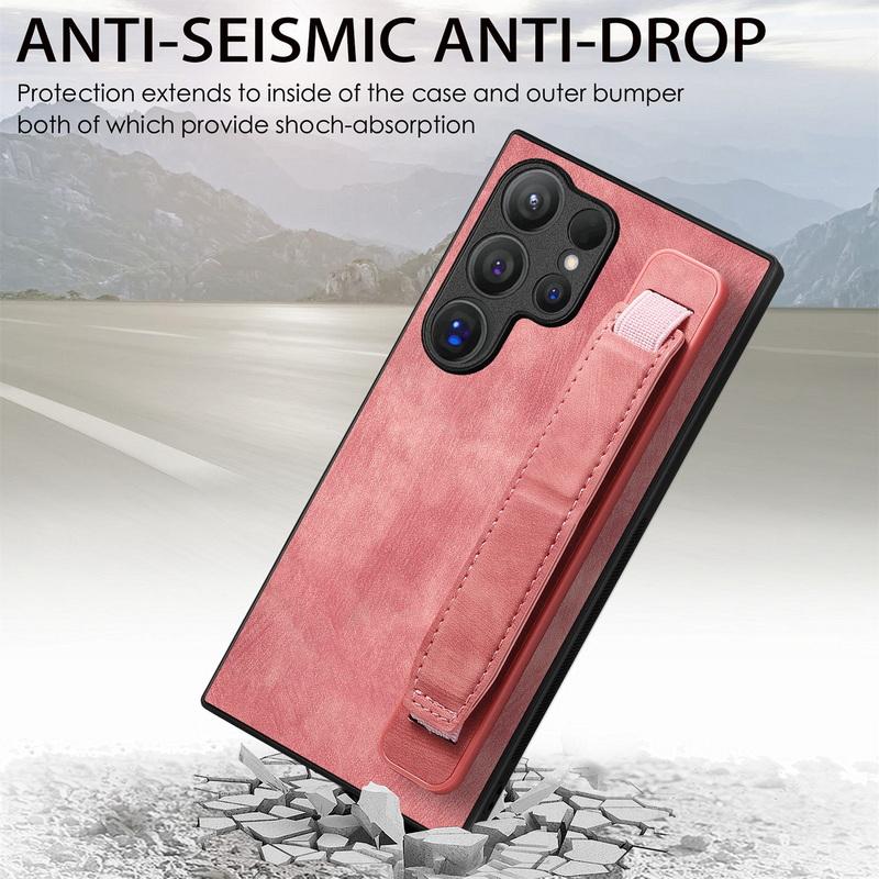 Wristband Holder Leather Phone Case For Samsung S24 S23 S22 Ultra A34 iPhone 16 15 Pro Max 14 13 12 11 Xiaomi 13T Redmi Note 12 Shockproof Slim Cover