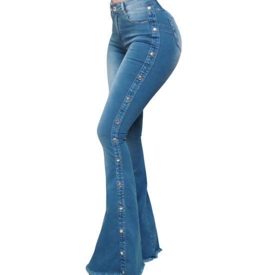 High Waist Multi Pockets Button Fly Hip Lifting Flare Jeans Washed Rivet Decor