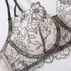 Elegant Floral Embroidery Sheer Multi-Strap Body Shaping Lingerie Set