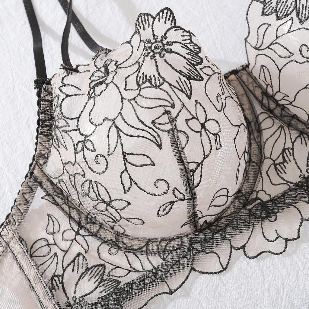 Elegant Floral Embroidery Sheer Multi-Strap Body Shaping Lingerie Set