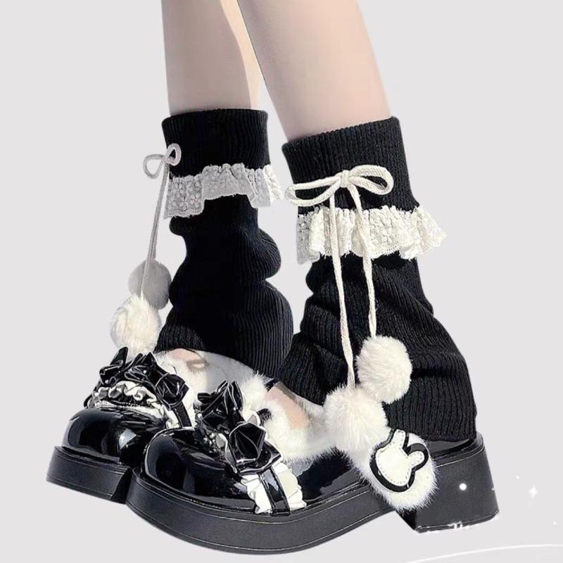 Dopamine Milk Blue Sock Covers Knitted Calf Sleeves Lace Trim JK Stacked Socks with Pom Poms Lolita Socks for Women