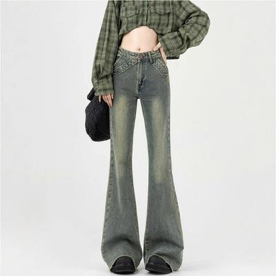 Nostalgia Blue Big Size Micro Flare Jeans Female Spring and Summer High-waisted Raw Edge Skinny Cover Crotch Flare Pants Retro Jeans for Ladies