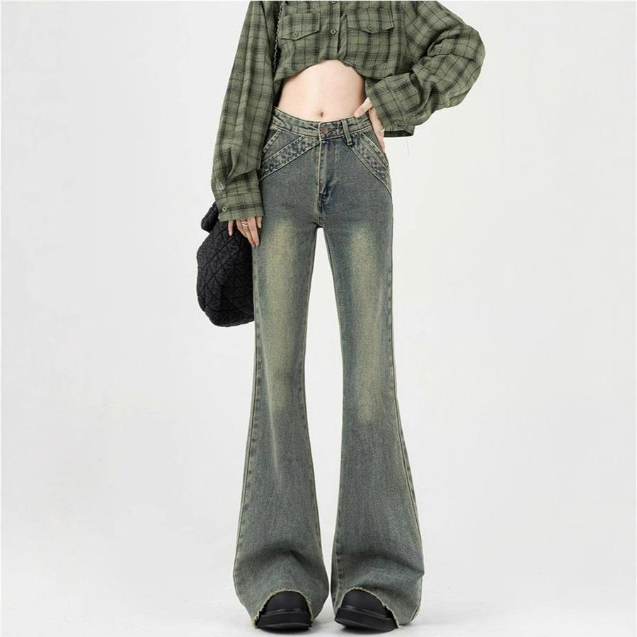 Nostalgia Blue Big Size Micro Flare Jeans Female Spring and Summer High-waisted Raw Edge Skinny Cover Crotch Flare Pants Retro Jeans for Ladies
